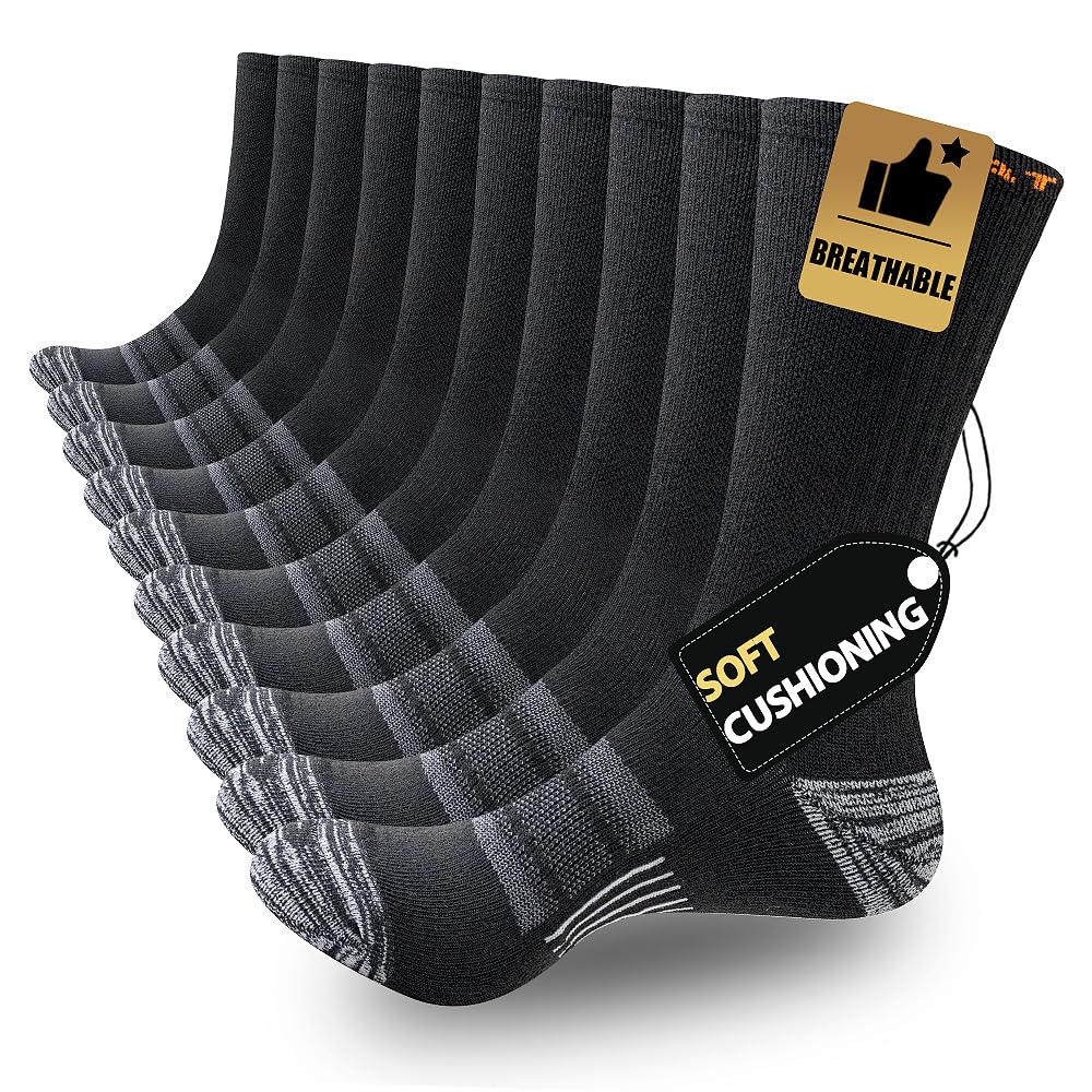JOYNÉE 5/10 Pairs Mens Lightweight Athletic Crew Cushioned Breathable Work High Calf Long Boot Socks